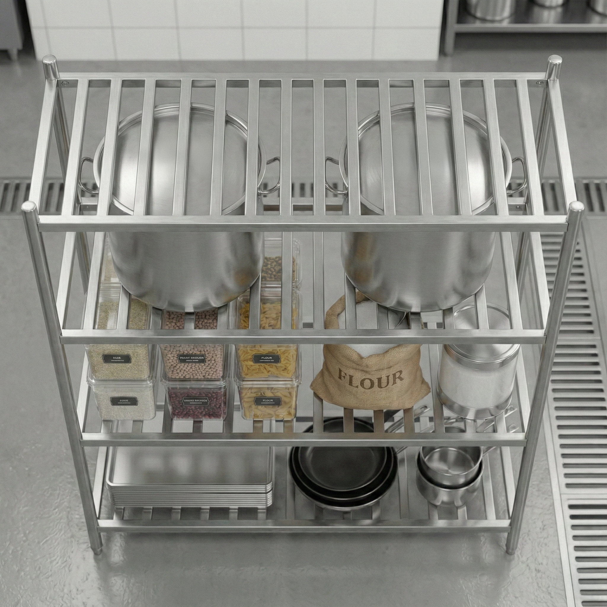 4 Tiers L1800XW500 MM Stainless Steel Restaurant Ladder Shelving Top Stacking 4 Tiers L1800XW500 MM Stainless Steel Restaurant Ladder Shelving Top Stacking