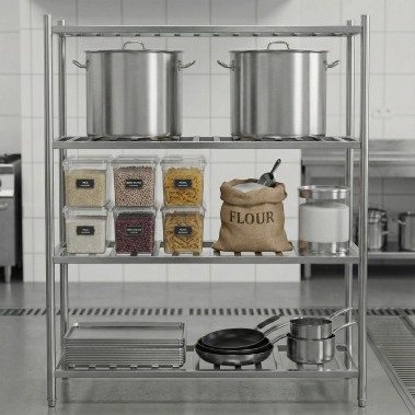 4 Tiers L1800XW500 MM Stainless Steel Restaurant Ladder Shelving Totally Stacked