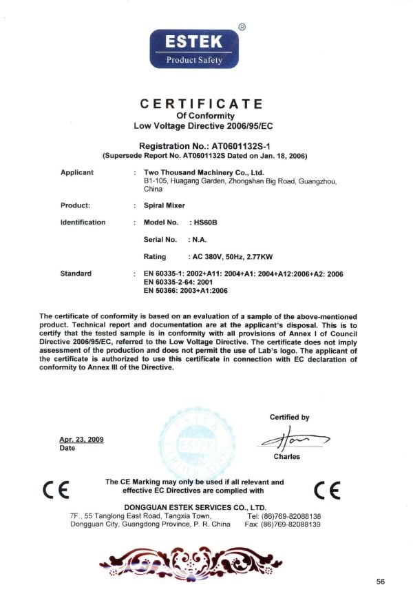 Certificate - CE - Twothousand Machinery