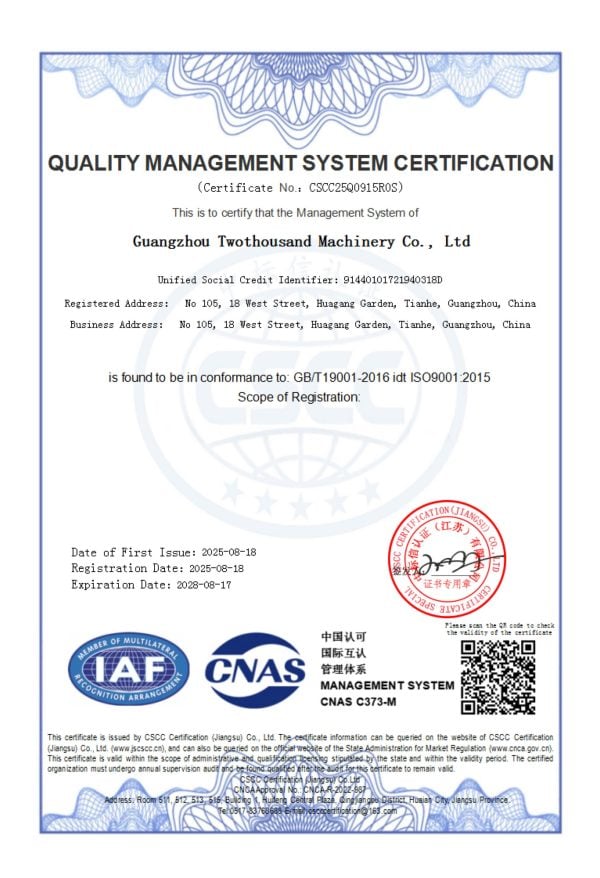 Certificate - ISO - Twothousand Machinery